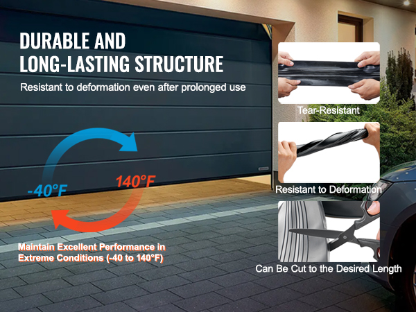 durable VEVOR garage door seals, tear-resistant, withstands extreme temperatures (-40°f to 140°f).
