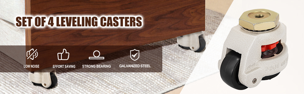 set of 4 VEVOR leveling casters with low noise, strong bearing, and galvanized steel.