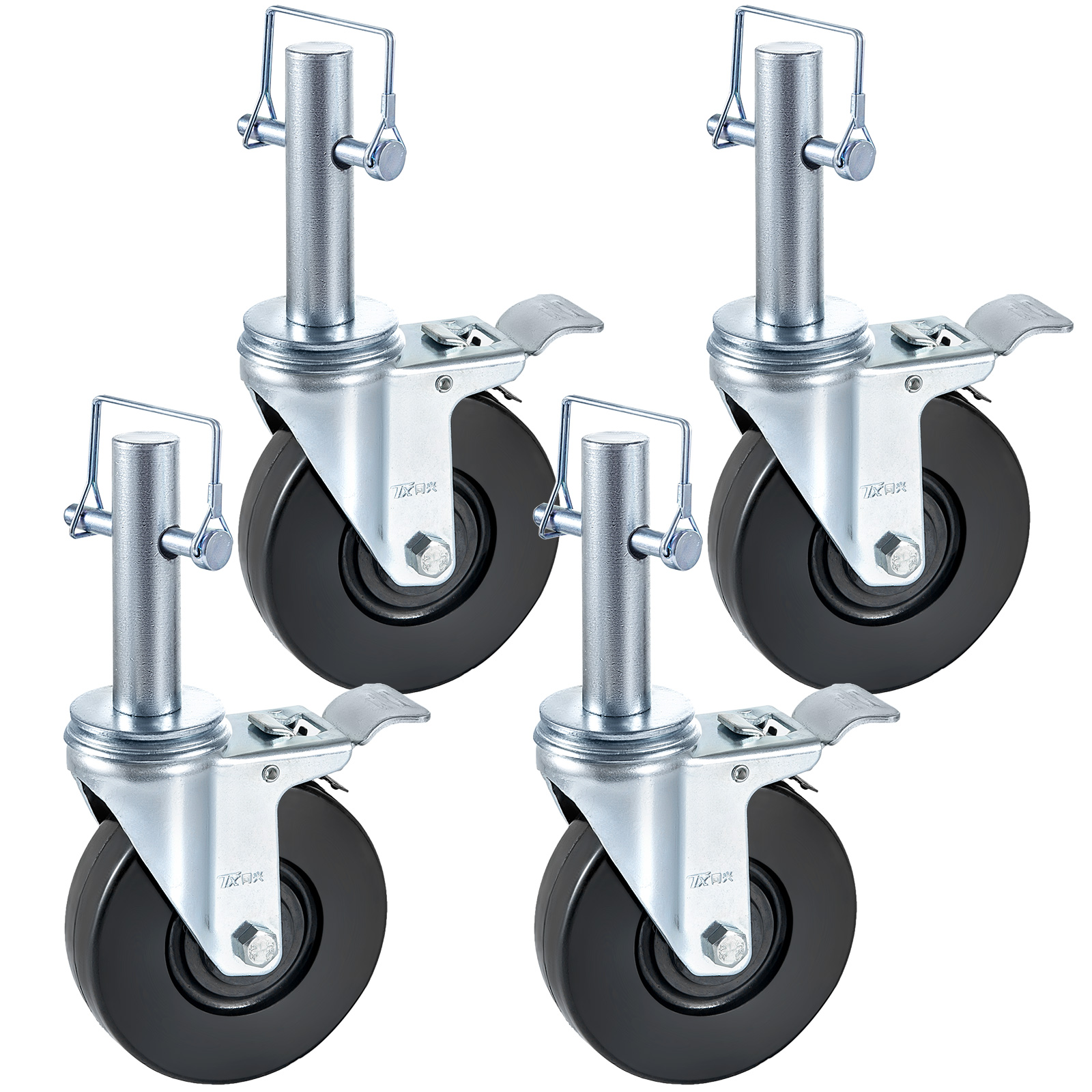 VEVOR scaffold wheels with black rubber tires and metal stems, set of four.