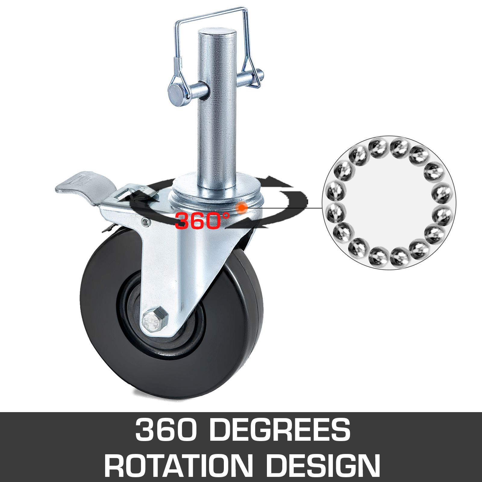 VEVOR scaffold wheels with 360 degrees rotation design and brake mechanism.
