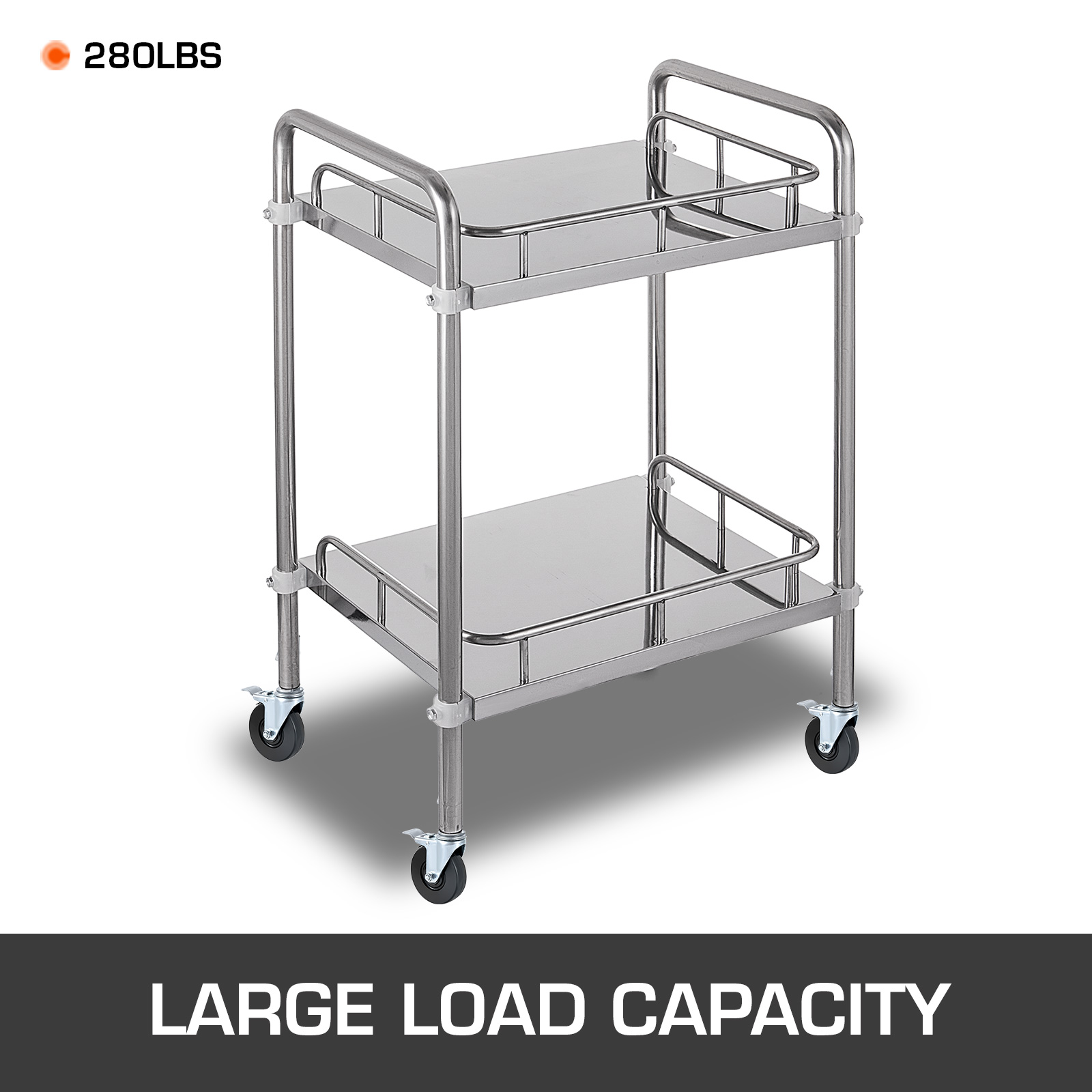 stainless steel utility cart with VEVOR scaffold wheels, 280lbs capacity.