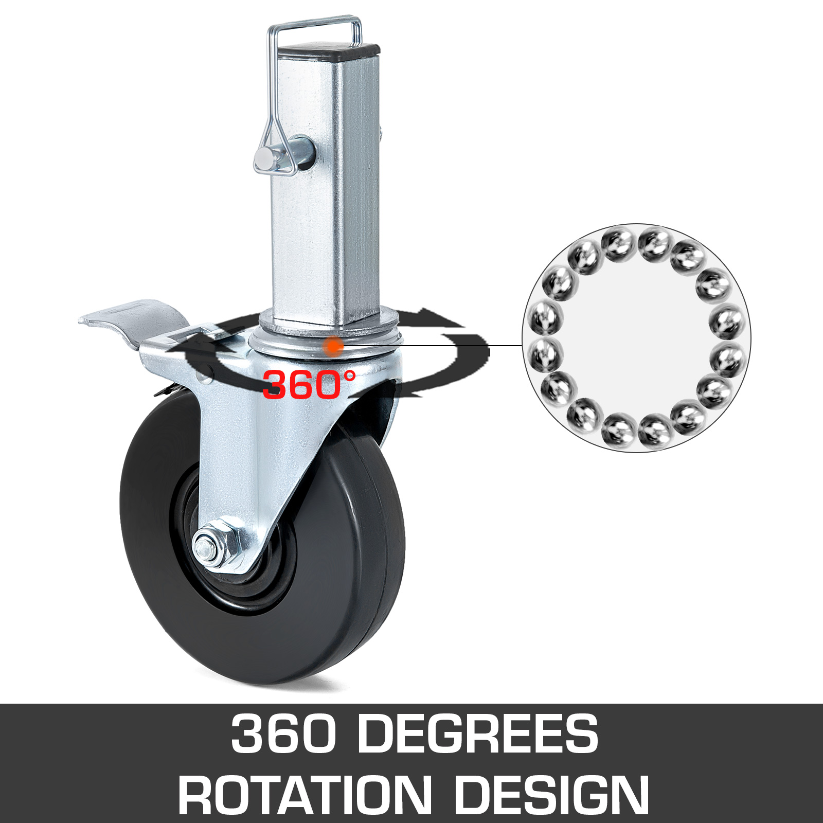 VEVOR scaffolding caster wheels 360-degree rotation design with detailed ball bearings.