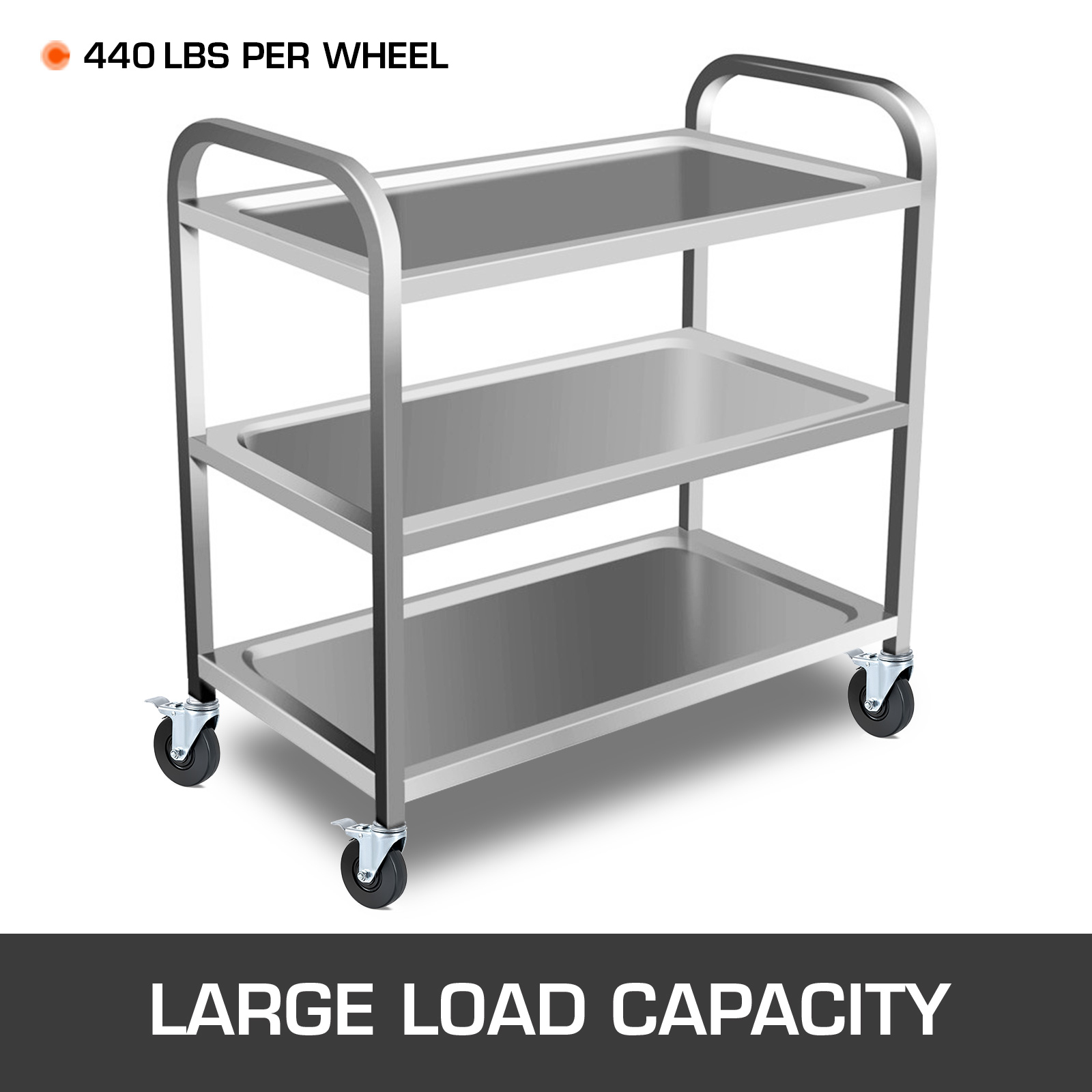metal utility cart with three shelves, VEVOR scaffolding caster wheels, 440 lbs per wheel.