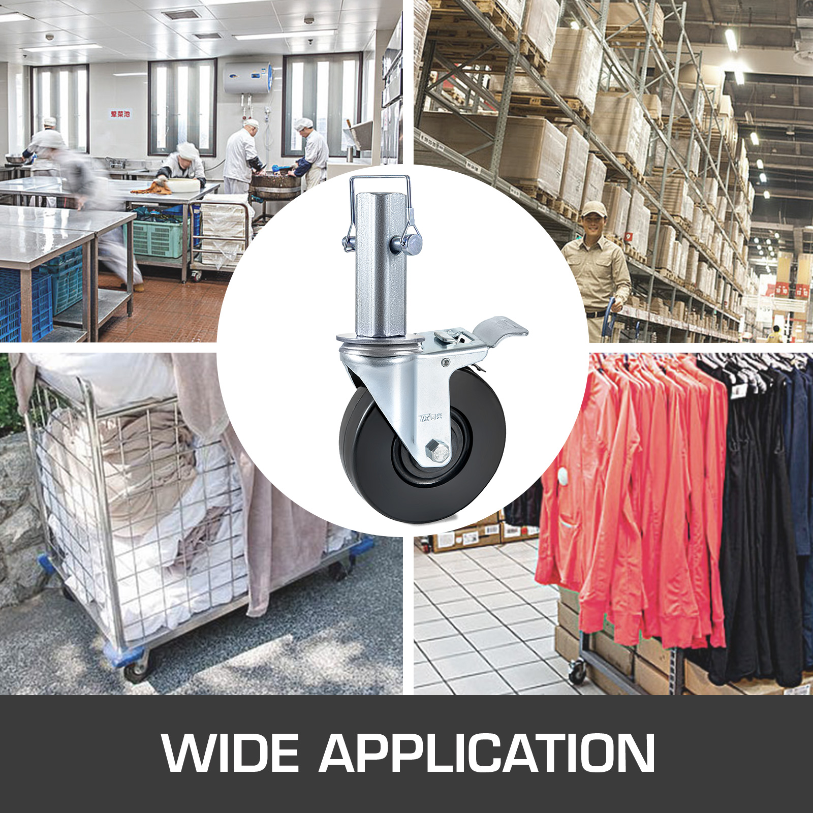 VEVOR scaffolding caster wheels in warehouse, kitchen, laundry, and retail settings.