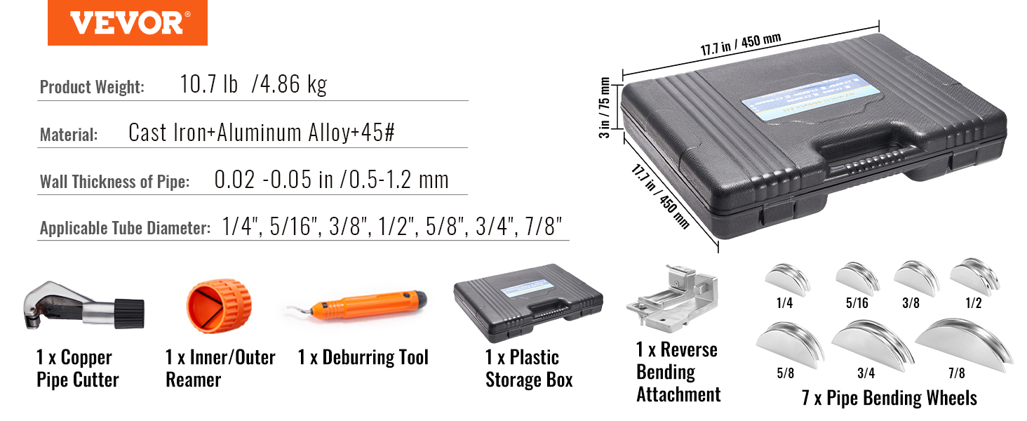 VEVOR pipe tube bender kit with accessories, storage box, and dimensions, suitable for various pipe sizes.