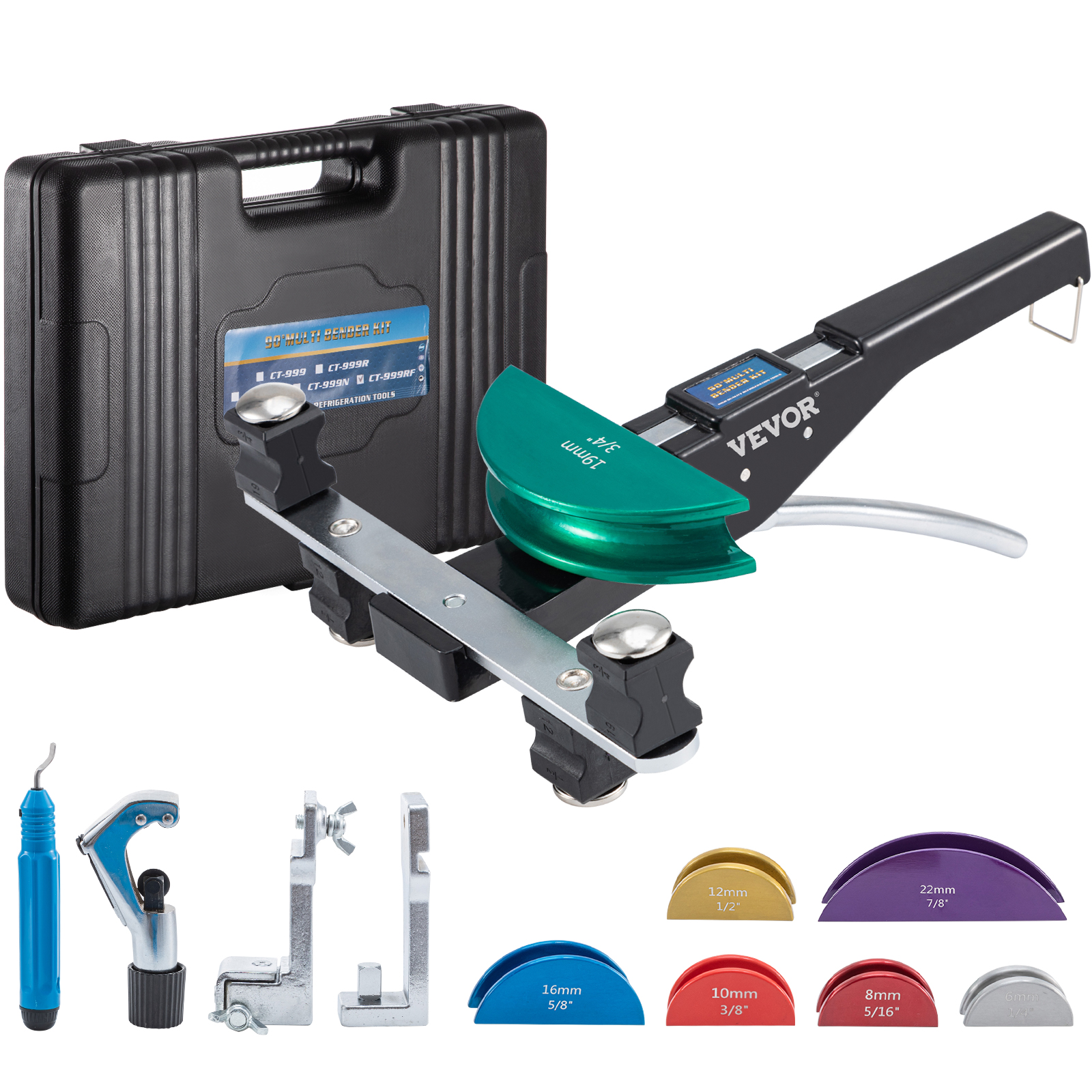 VEVOR copper pipe bender set with case and multiple sized bending dies for professional use.