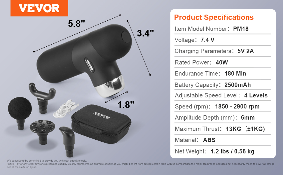 VEVOR massage gun with 5 attachments, specifications, and a carrying case.