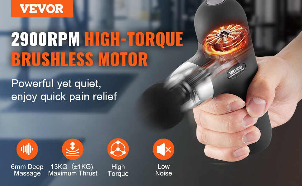 VEVOR massage gun with 2900rpm high-torque brushless motor, offering quiet, powerful pain relief.