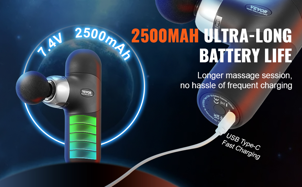 VEVOR massage gun with 2500mah battery, usb type-c charging, and ultra-long battery life.
