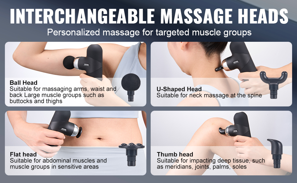 VEVOR massage gun with interchangeable heads for various muscle groups including arms, neck, and abdomen.