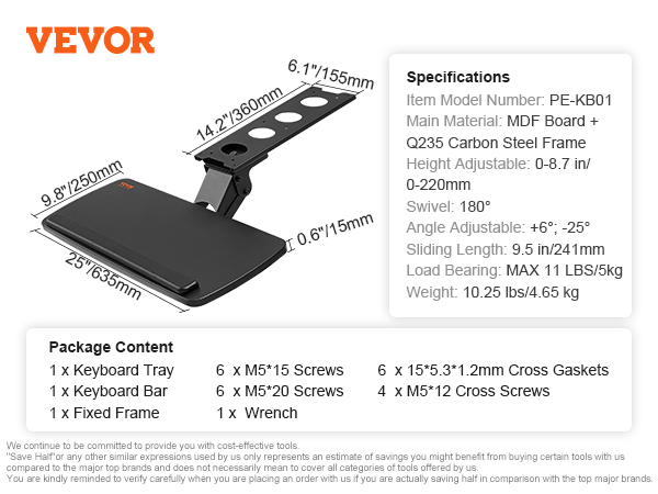 VEVOR keyboard tray with ergonomic swivel, adjustable height, and detailed specifications.