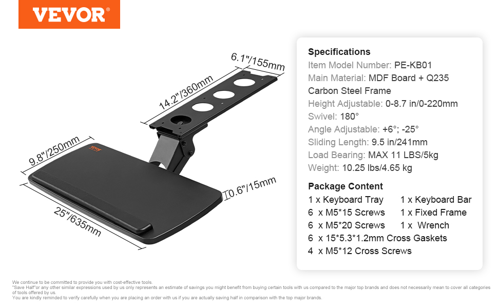 VEVOR keyboard tray with ergonomic swivel, adjustable height, and detailed specifications.