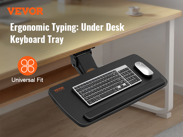 VEVOR keyboard tray mounted under a desk, featuring an ergonomic keyboard and mouse setup.