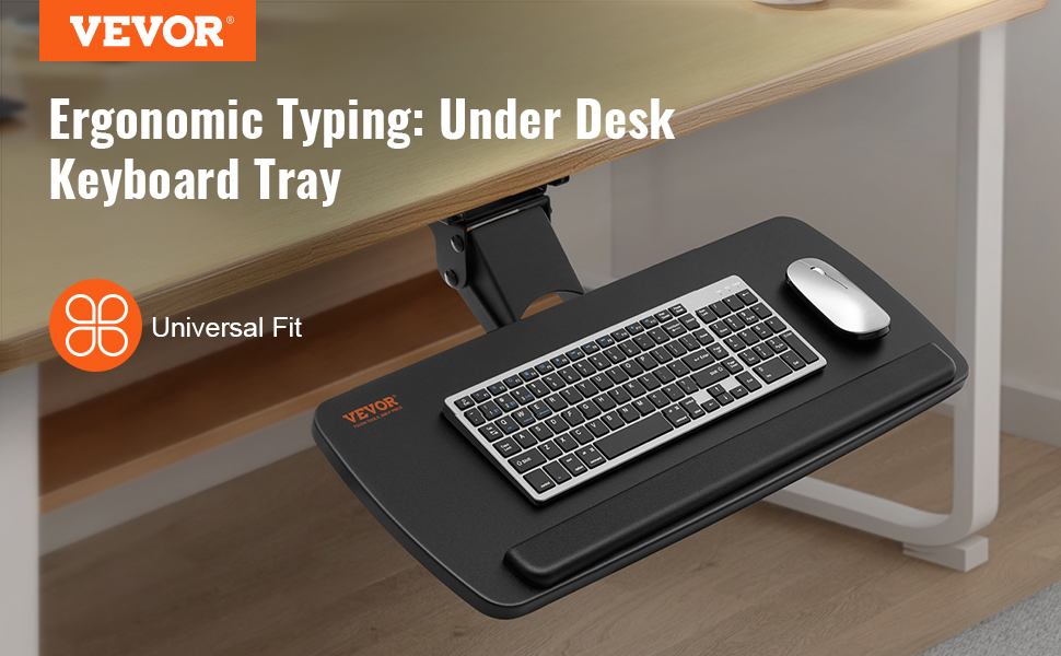 VEVOR keyboard tray mounted under a desk, featuring an ergonomic keyboard and mouse setup.