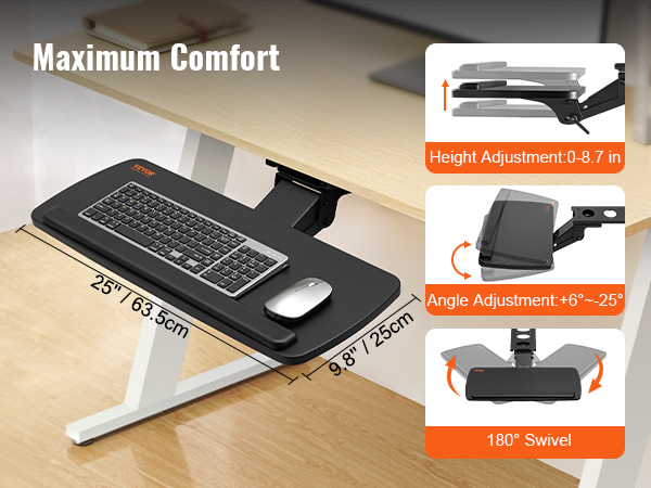 VEVOR keyboard tray with adjustable height, angle, and 180° swivel for maximum comfort.