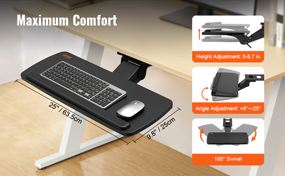 VEVOR keyboard tray with adjustable height, angle, and 180° swivel for maximum comfort.