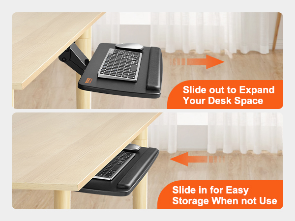 VEVOR keyboard tray slides out for extra desk space and slides in for convenient storage.