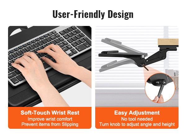 VEVOR keyboard tray with soft-touch wrist rest and easy adjustment knob for angle and height.