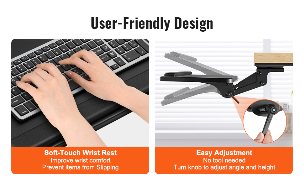 VEVOR keyboard tray with soft-touch wrist rest and easy adjustment knob for angle and height.