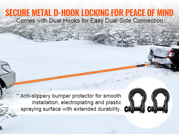 VEVOR off-road recovery kit: dual hooks, d-hook locking, towing truck on snowy terrain.