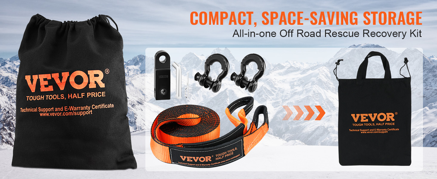 VEVOR off-road recovery kit with tools, orange strap, storage bags, and snowy mountain background.