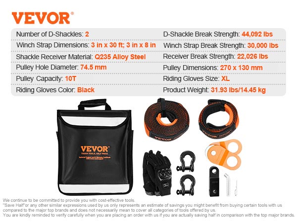 VEVOR off-road recovery kit with gloves, straps, shackles, pulley, and a carrying case.