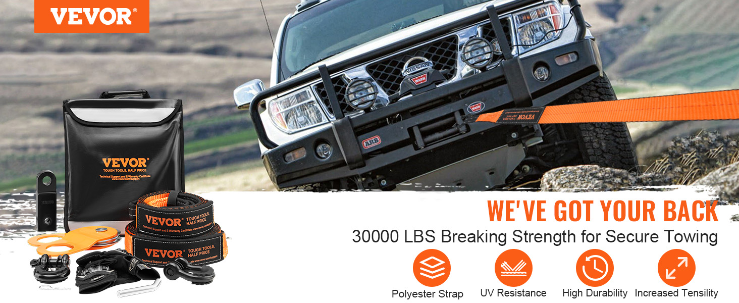 VEVOR towing kit with heavy-duty straps, tow hooks, and bag, perfect for secure vehicle recovery.