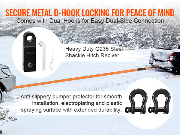 VEVOR off-road recovery kit towing suv in snow, featuring secure metal d-hook and shackle hitch receiver.
