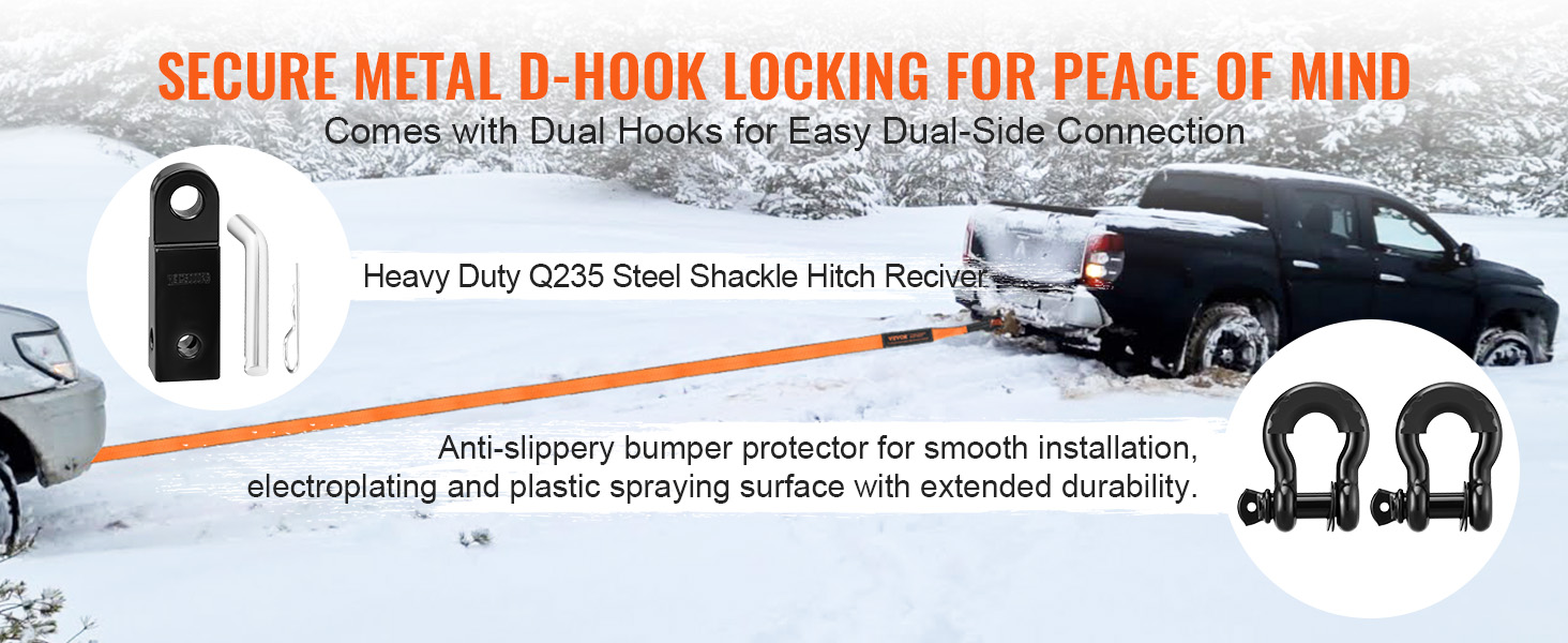 VEVOR off-road recovery kit towing suv in snow, featuring secure metal d-hook and shackle hitch receiver.