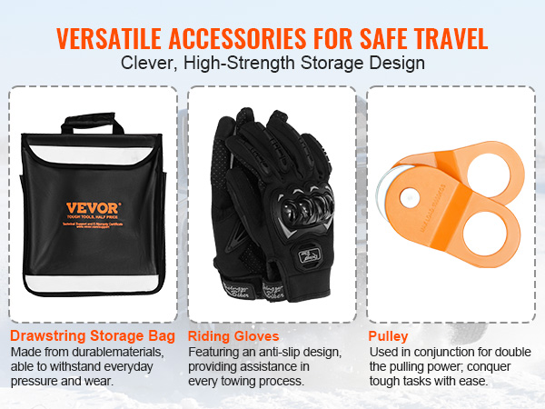 VEVOR off-road recovery kit: drawstring storage bag, riding gloves, and pulley for safe travel.