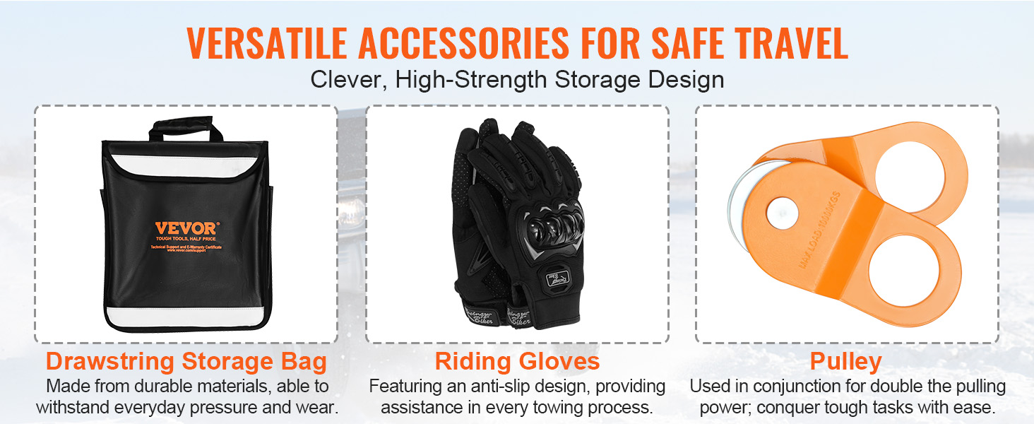 VEVOR off-road recovery kit: drawstring storage bag, riding gloves, and pulley for safe travel.