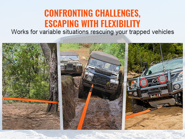 VEVOR off-road recovery kit in action, freeing vehicles from tough terrains like mud, sand, and forest trails.