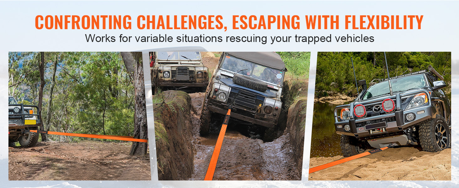 VEVOR off-road recovery kit in action, freeing vehicles from tough terrains like mud, sand, and forest trails.