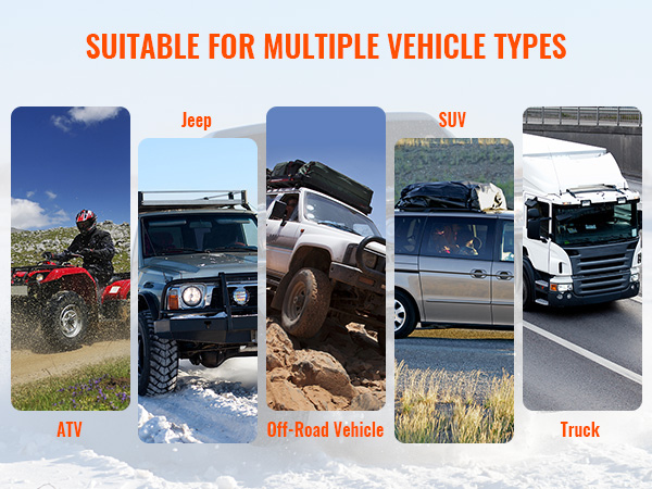 various vehicle types, including atv, jeep, off-road vehicle, suv, and truck. VEVOR off-road recovery kit.