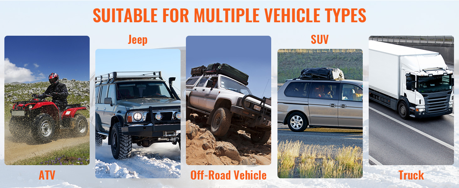 various vehicle types, including atv, jeep, off-road vehicle, suv, and truck. VEVOR off-road recovery kit.