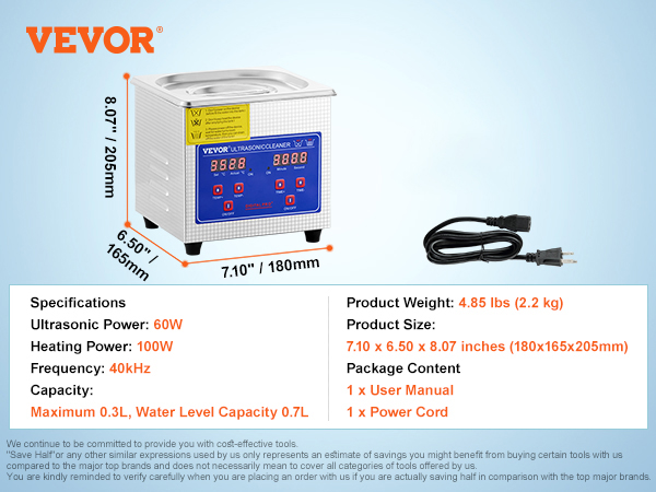 VEVOR ultrasonic cleaner: dimensions, specifications, and included accessories.