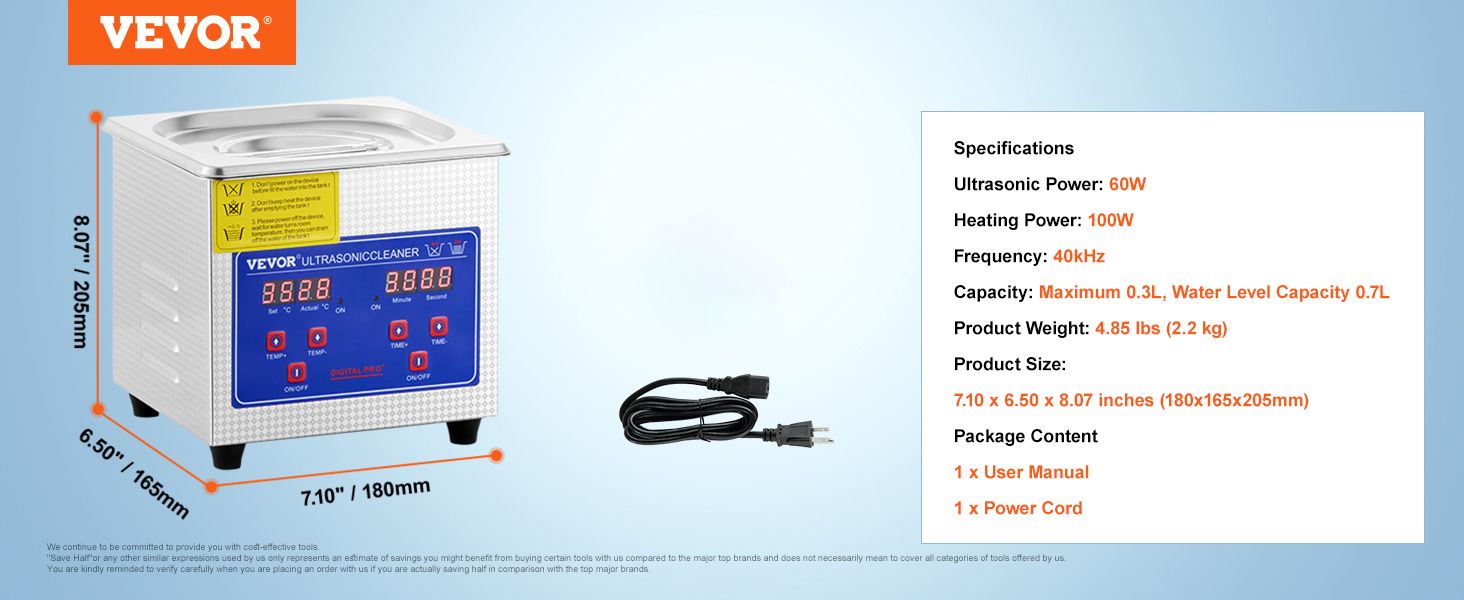 VEVOR ultrasonic cleaner: dimensions, specifications, and included accessories.