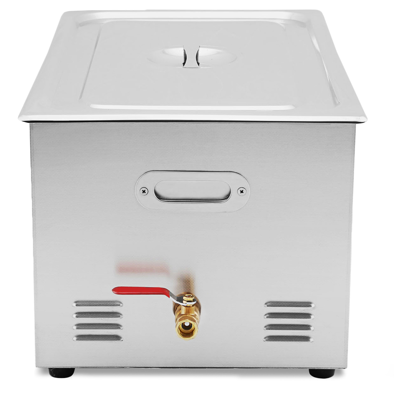 VEVOR ultrasonic cleaner with stainless steel body and red drainage valve.