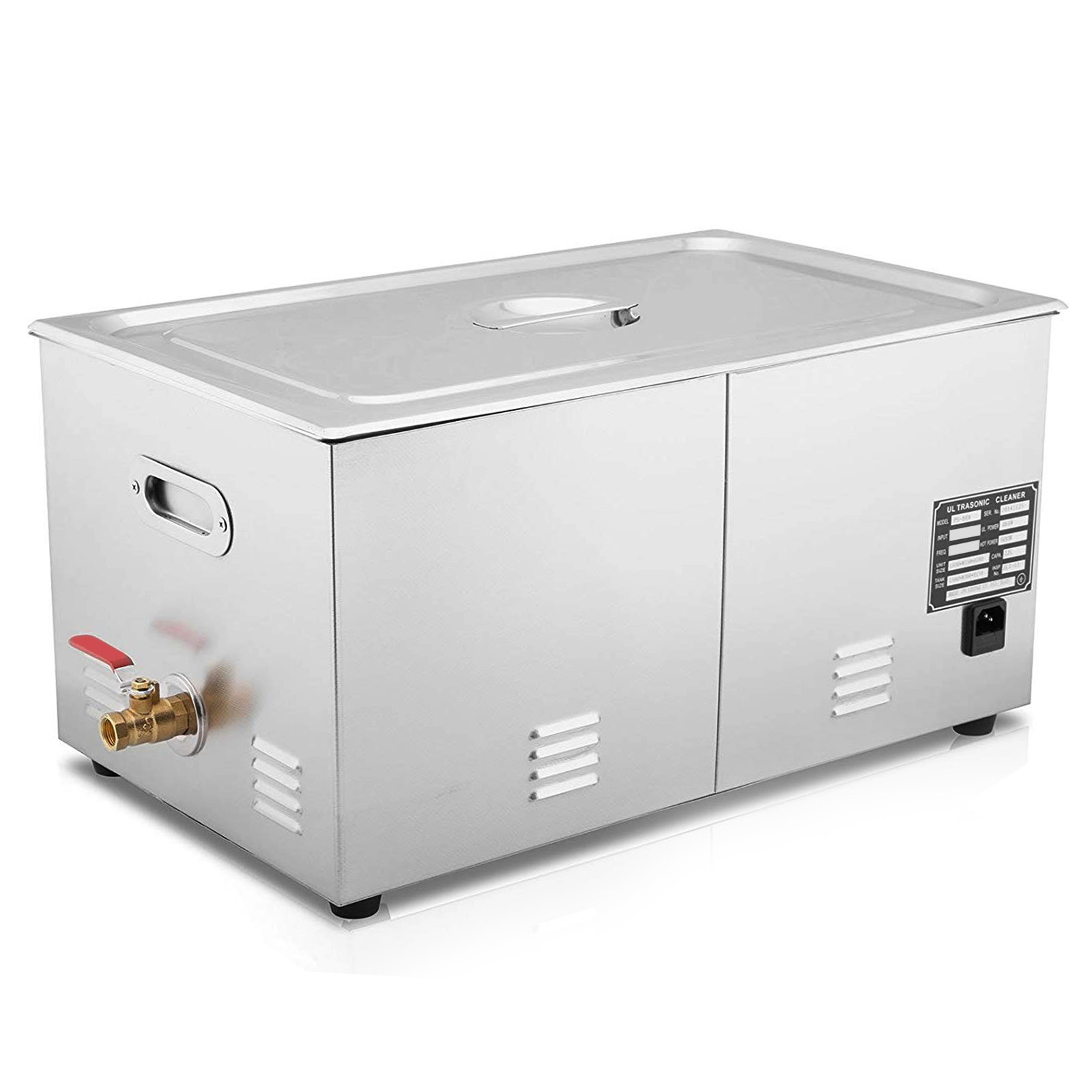 VEVOR ultrasonic cleaner with stainless steel body and control panel on the side.