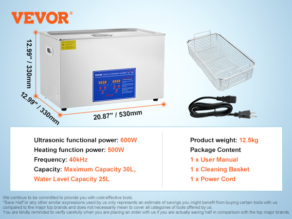 VEVOR ultrasonic cleaner 27.2l capacity, 600w power, and digital display.