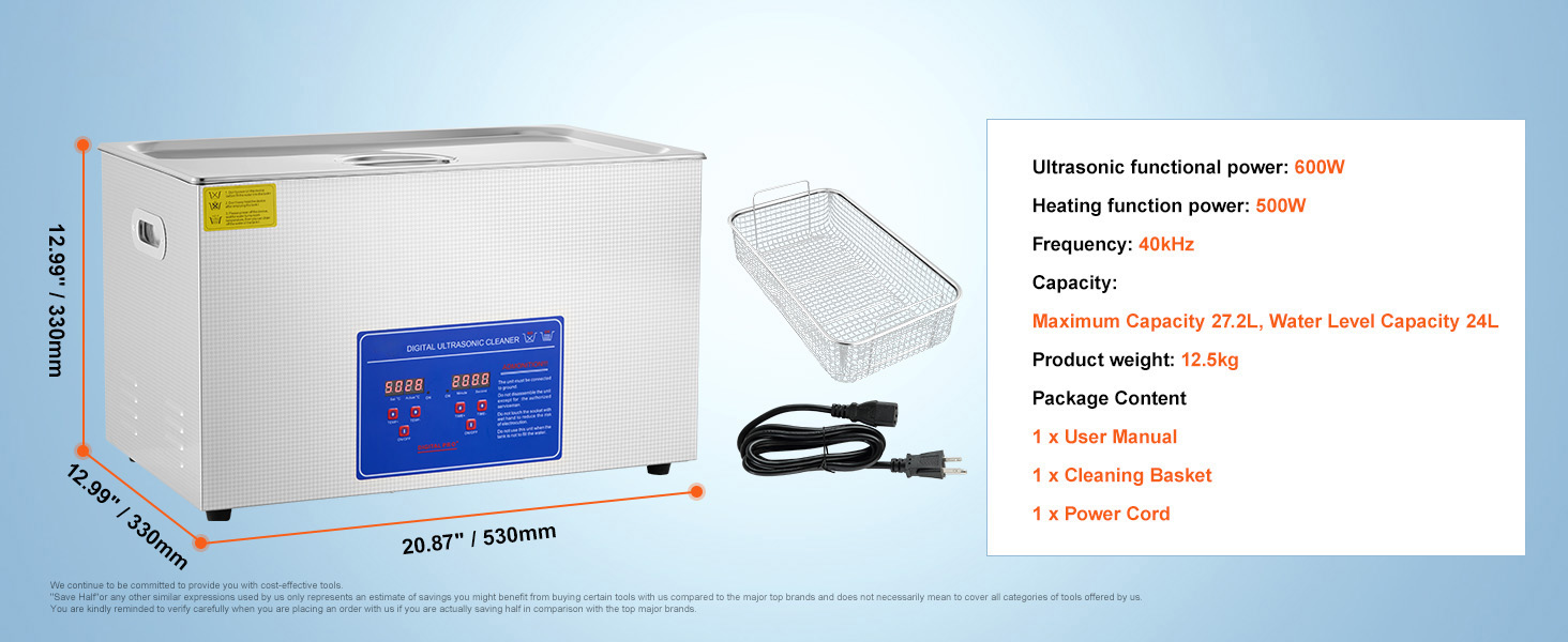 VEVOR ultrasonic cleaner 27.2l capacity, 600w power, and digital display.
