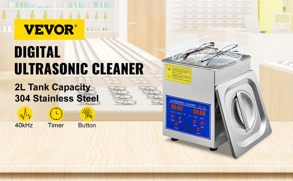 VEVOR ultrasonic cleaner with 2l tank, 304 stainless steel, and digital controls.