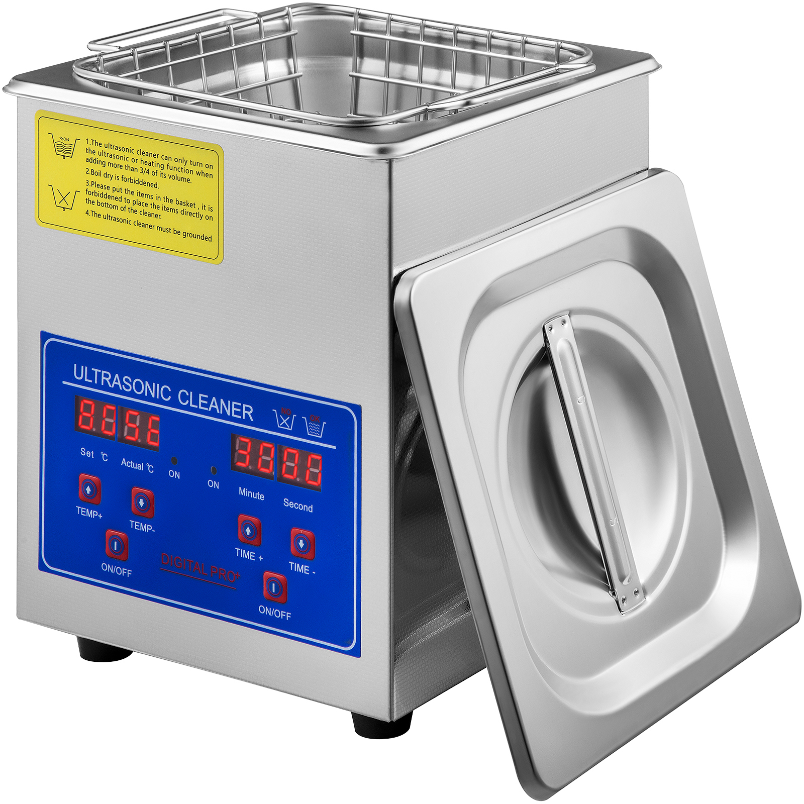 VEVOR ultrasonic cleaner with lid, basket, digital display, and power cable.