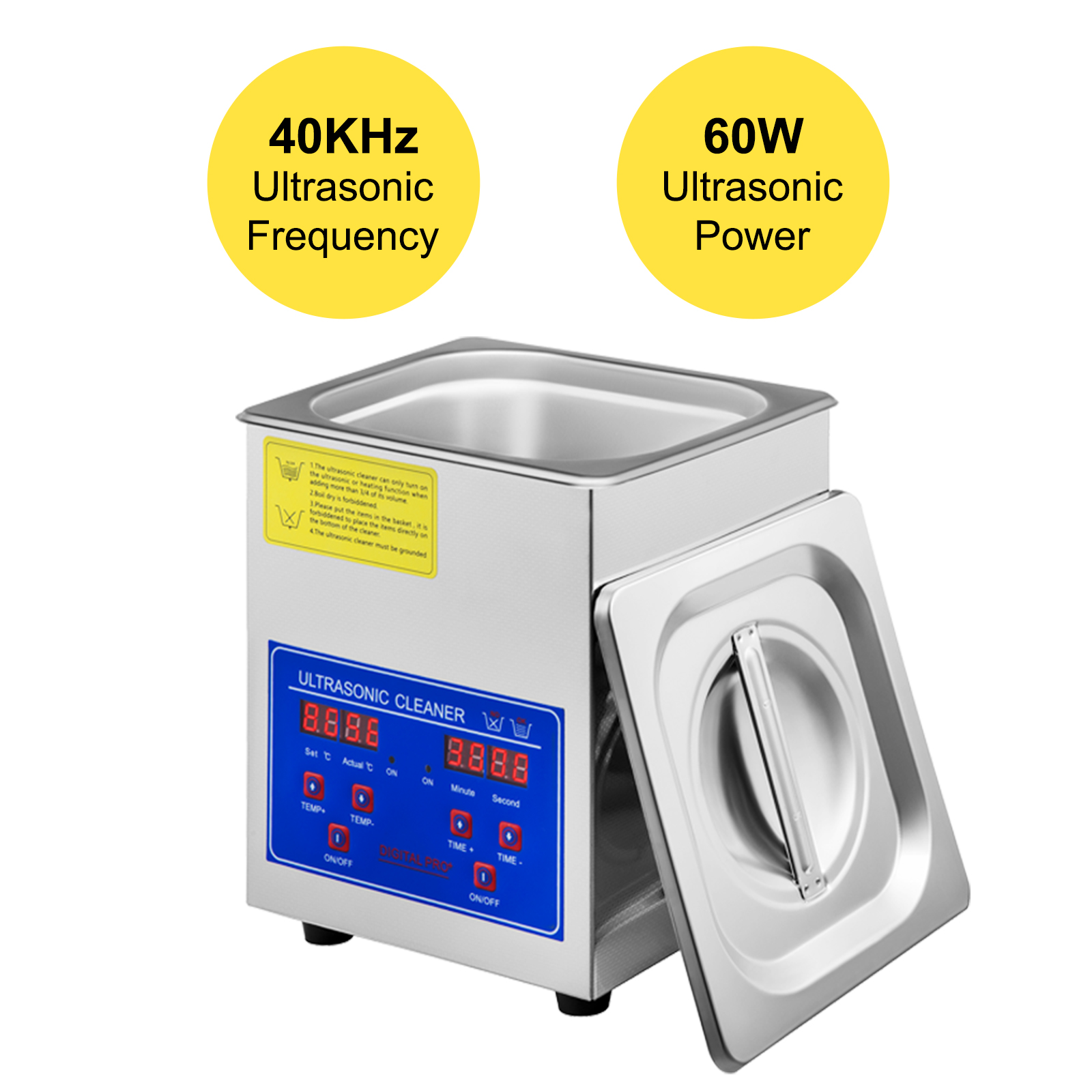 VEVOR ultrasonic cleaner with 40khz frequency and 60w power, digital controls.