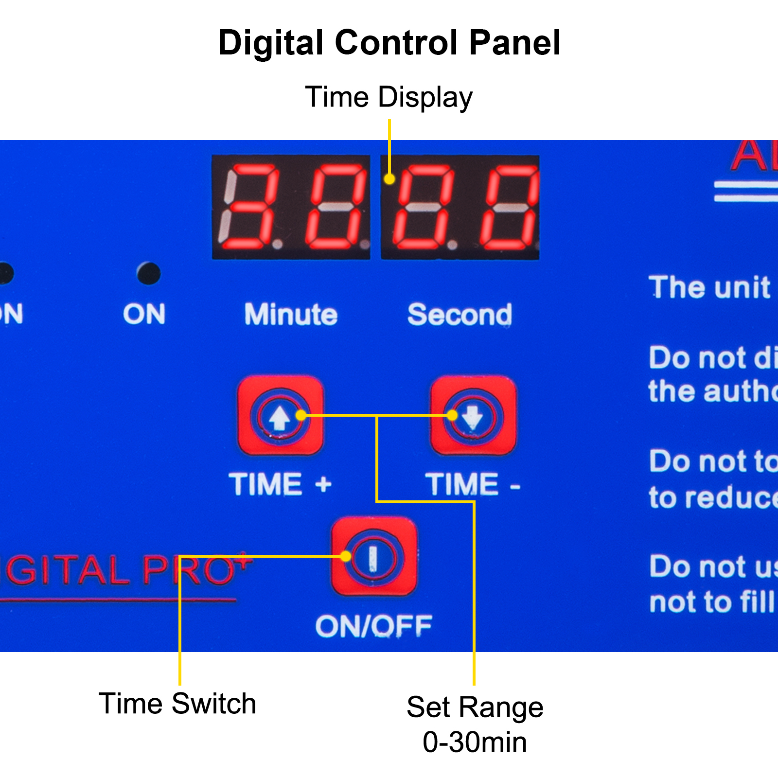 VEVOR ultrasonic cleaner control panel with time display, switches, and settings.