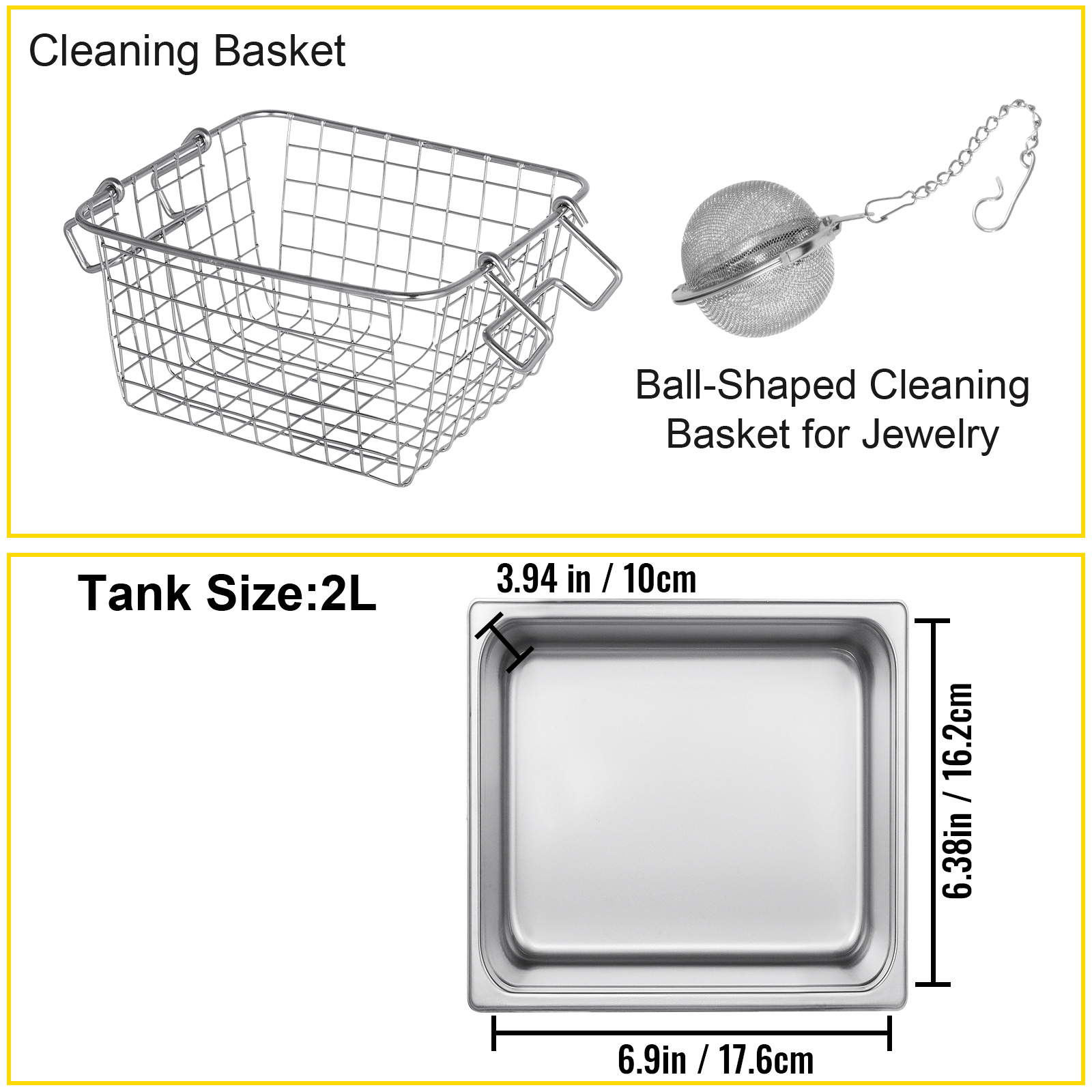 cleaning basket and ball-shaped jewelry basket for VEVOR ultrasonic cleaner, 2l tank size.
