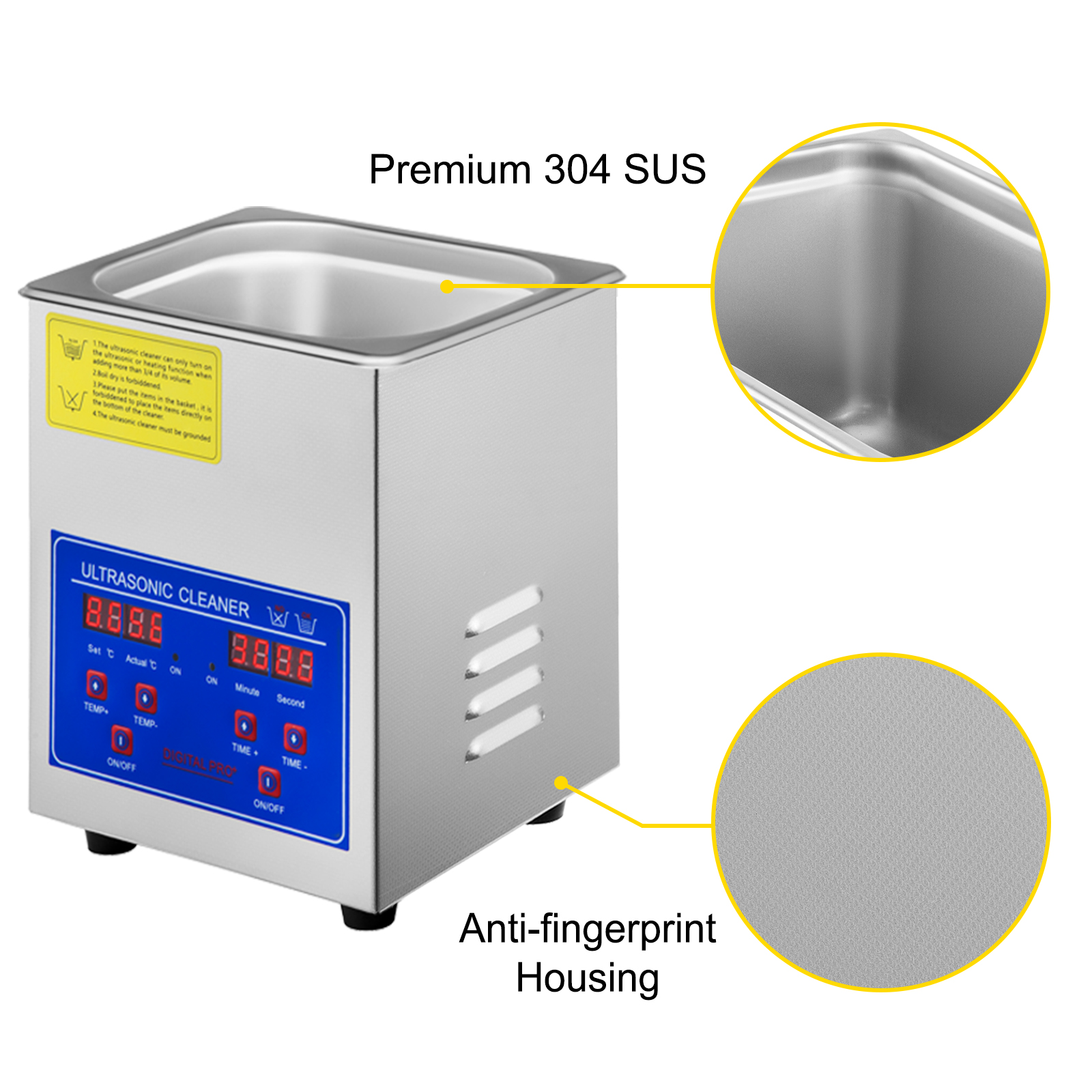 VEVOR ultrasonic cleaner with premium 304 sus and anti-fingerprint housing.
