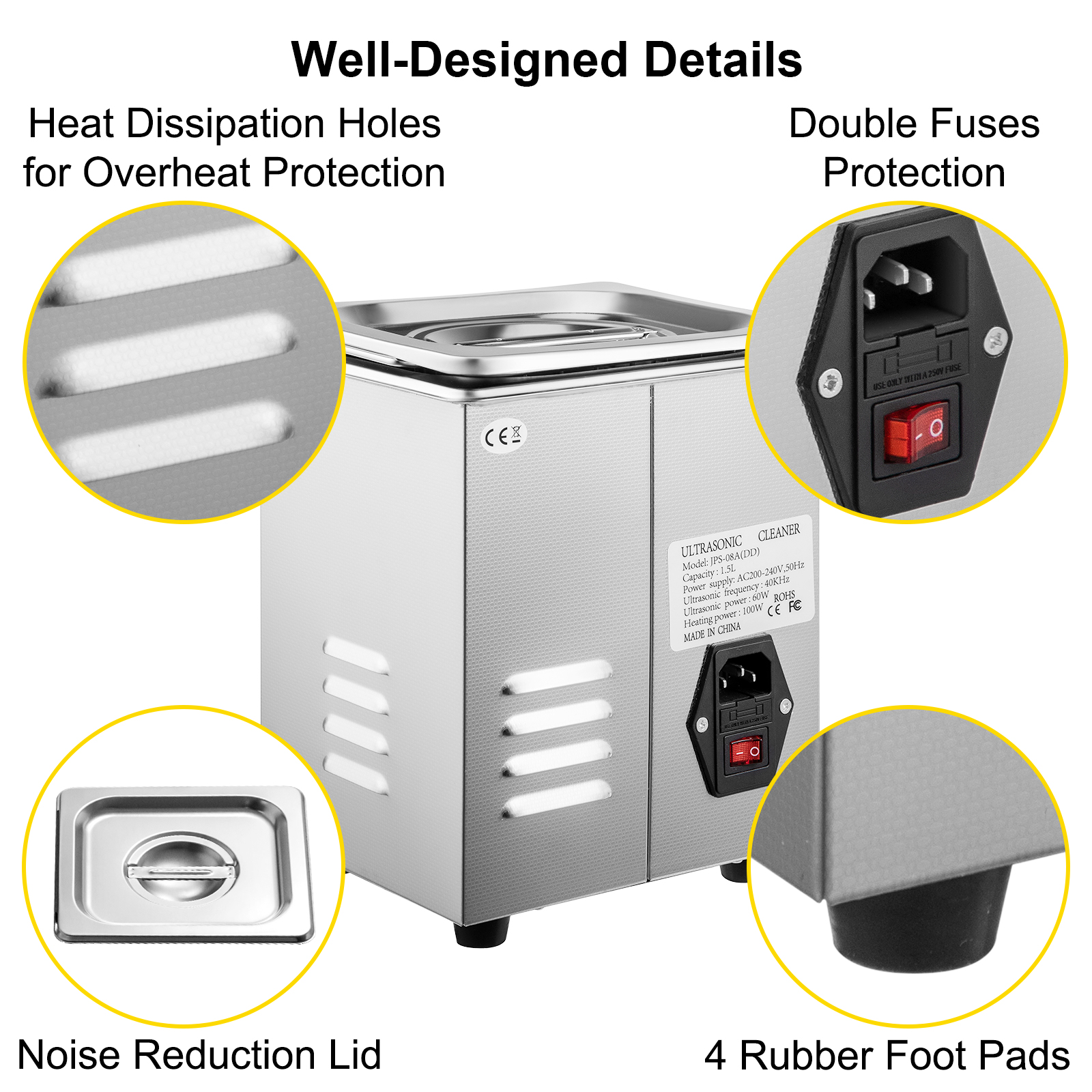 VEVOR ultrasonic cleaner with noise reduction lid, heat dissipation holes, and double fuses.