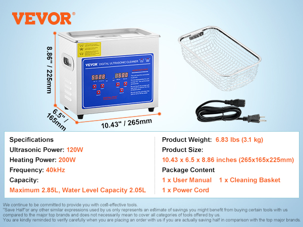 VEVOR ultrasonic cleaner with digital control panel, basket, and power cord.