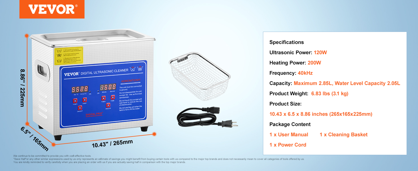 VEVOR ultrasonic cleaner with digital control panel, basket, and power cord.